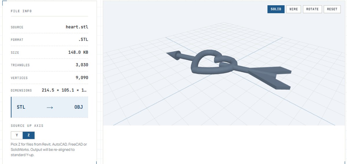Buildref STL-zu-OBJ-Konverter im Browser: File-Info-Panel und 3D-Vorschau eines geladenen STL-Modells
